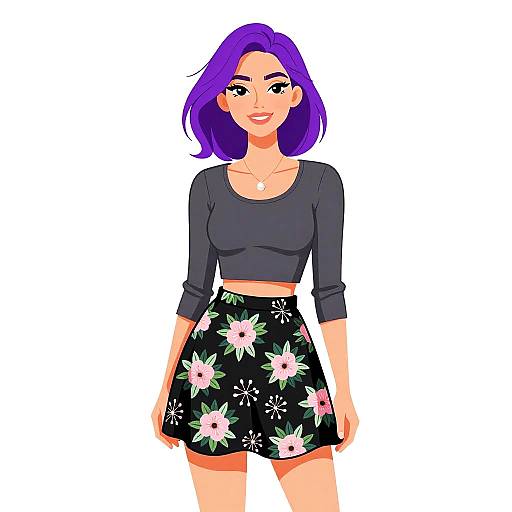 Digital anime-style drawing of a smiling woman with purple hair, wearing a black crop top and floral black skirt, standing against a white background.