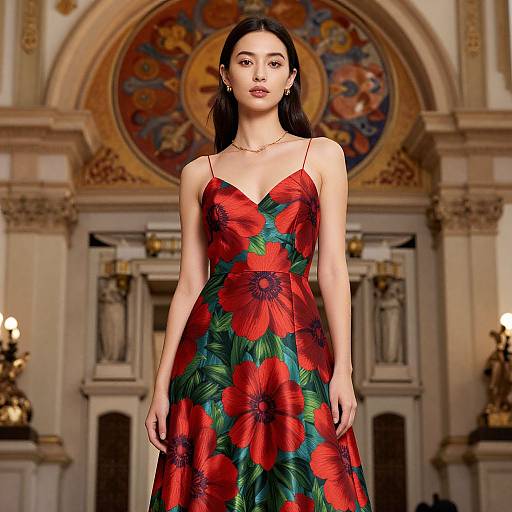 Photograph of a slender, fair-skinned woman with long dark hair, wearing a red floral sundress with green leaves, standing in an ornate