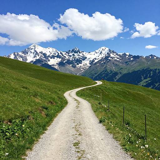 Photograph of a winding gravel path leading to snow-capped mountains under a bright blue sky with fluffy white clouds. Green grass and wildflowers flank the