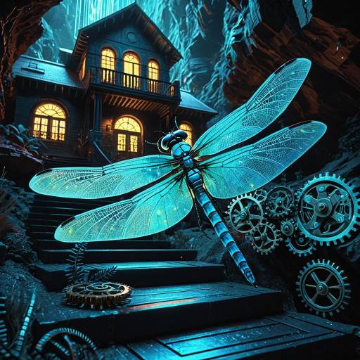 Bioluminescent Dragonfly Near Glowing House in Holographic Canyon