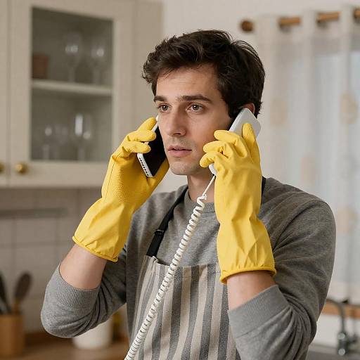 Man in Kitchen Talking on Two Phones