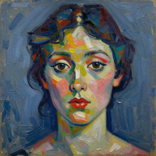 Vibrant, expressionistic oil painting of a young woman with large eyes, red lips, and dark hair, set against a blue background.