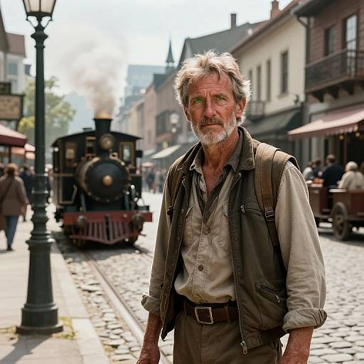 Photograph of an older, weathered man with gray beard and mustache, wearing a brown vest and beige shirt, standing on a cobblestone