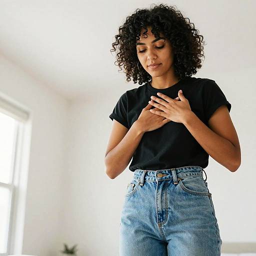 Photograph of a curly-haired Black woman with medium-brown skin, wearing a black t-shirt and high-waisted blue jeans, standing indoors,