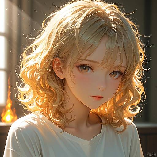 Blonde Woman with Curly Hair in Sunlight