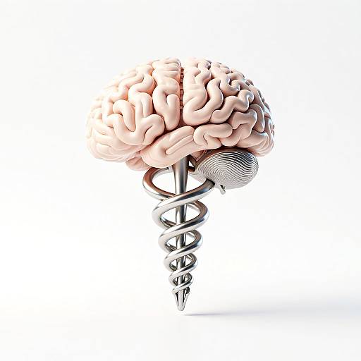 Digital 3D art of a pink brain with intricate folds, topped by a silver spiral coil, resembling a DNA helix, on a white background