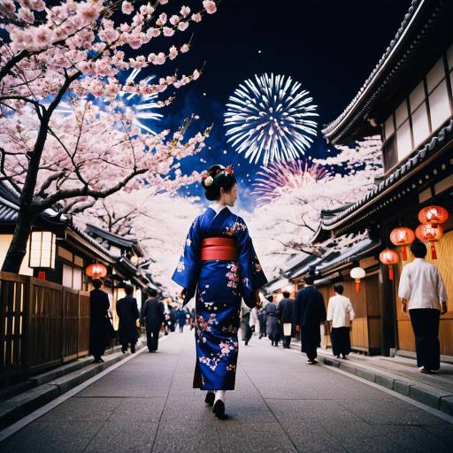 Geisha Walking Under Cherry Blossoms with Fireworks