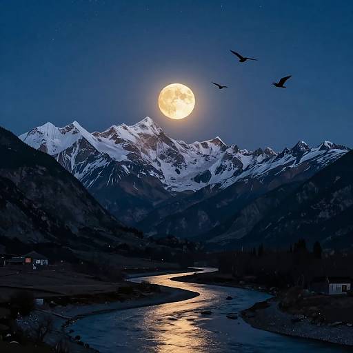 Photograph of a moonlit night with a bright full moon over snow-capped mountains, three flying birds, and a reflective river in the foreground.