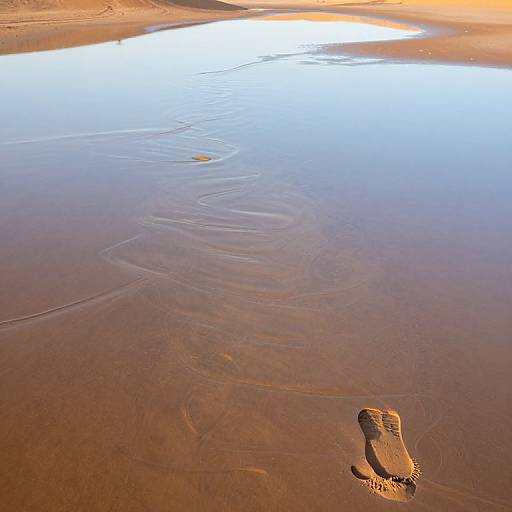 Photograph of a lone crocodile partially submerged in shallow, reflective water on a sandy beach, with sunlight casting a bright blue glow on the water's