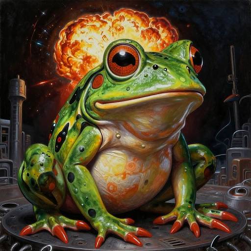 Digital artwork: A vibrant, green, spotted frog with large red eyes and sharp claws sits on a metallic platform, with a fiery explosion behind its head