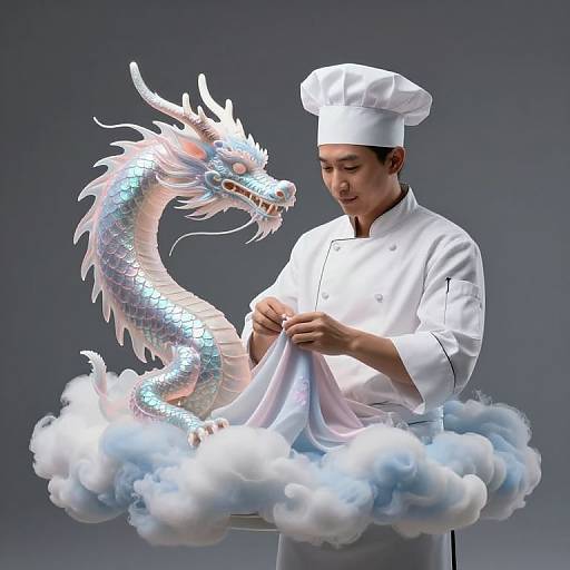 Photograph of an Asian male chef in white uniform and hat, gently holding a glowing, iridescent dragon on a cloud.