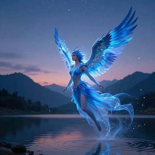 Celestial Being with Radiant Blue Wings Over Mountain Lake