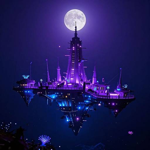 Digital artwork of a futuristic, neon-lit island with towering structures under a full moon, reflected in a dark purple night sky.