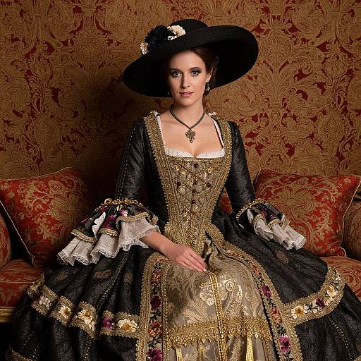 Photograph of a fair-skinned woman in an elaborate, black and gold Victorian-style gown with lace, seated on an ornate red and gold pattern