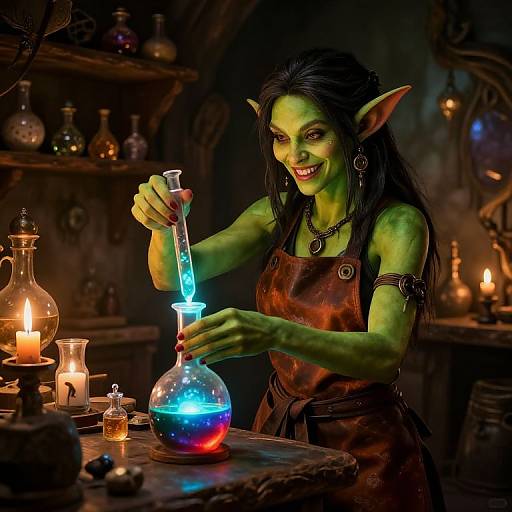 Photorealistic digital artwork of a green-skinned, elf-like woman with pointed ears, dark hair, and brown dress, mixing glowing blue and red