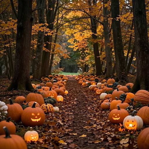 Photograph of a forest path lined with glowing, carved pumpkins and scattered autumn leaves, illuminated by warm orange light.