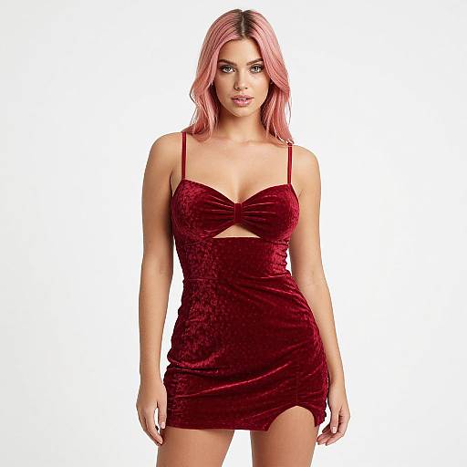 Photograph of a pink-haired woman in a tight, velvet, red mini dress with thin straps and a keyhole cutout, standing against a white