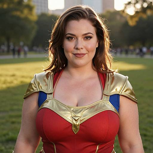 Photograph of a curvy, fair-skinned woman with brown hair, wearing a Wonder Woman costume with a red dress, gold armor, and blue