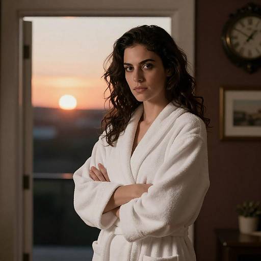 Woman in Bathrobe Against Sunset Door
