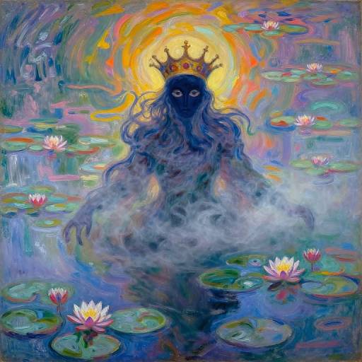 Vibrant, surreal painting of a dark, ghostly figure with a crown, surrounded by glowing halo, floating in a lily-filled pond with