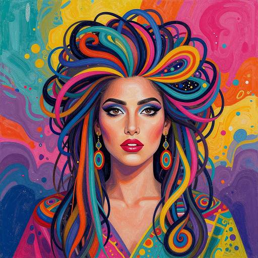 Vibrant digital portrait of a woman with multicolored, swirling hair against a psychedelic yellow, pink, and blue background. Bold makeup, red