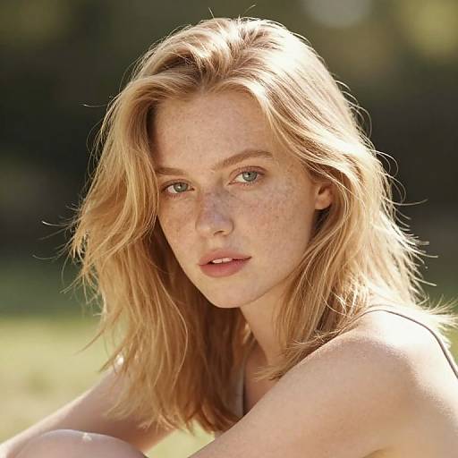 Photograph of a fair-skinned, freckled young woman with shoulder-length, wavy blonde hair, green eyes, and natural makeup, sitting
