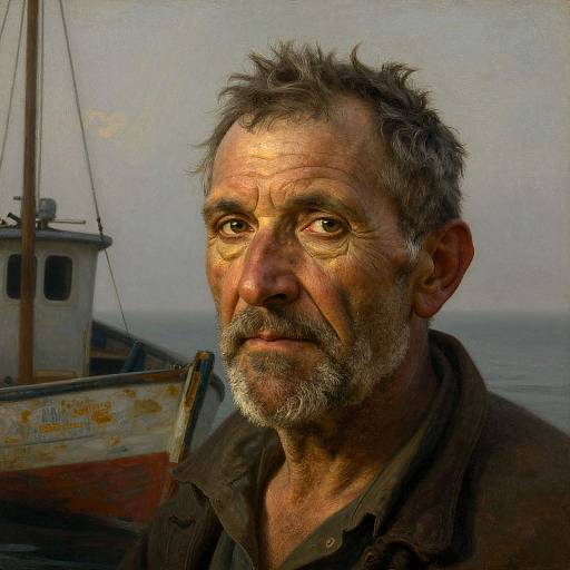 Photorealistic portrait of a weathered, middle-aged man with gray hair and beard, wearing a dark shirt, standing in front of a rusty boat