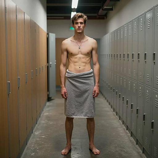 Shirtless Man in Industrial Hallway