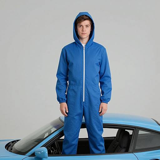 Male in Blue Car Costume Hoodie