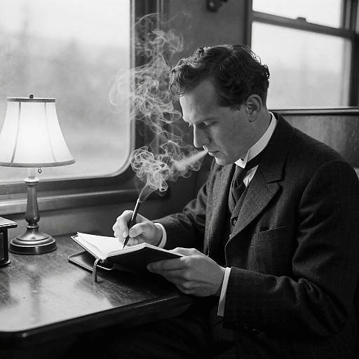 Black-and-white photograph of a pensive man in a dark suit, smoking while writing in an open book, illuminated by a lamp.