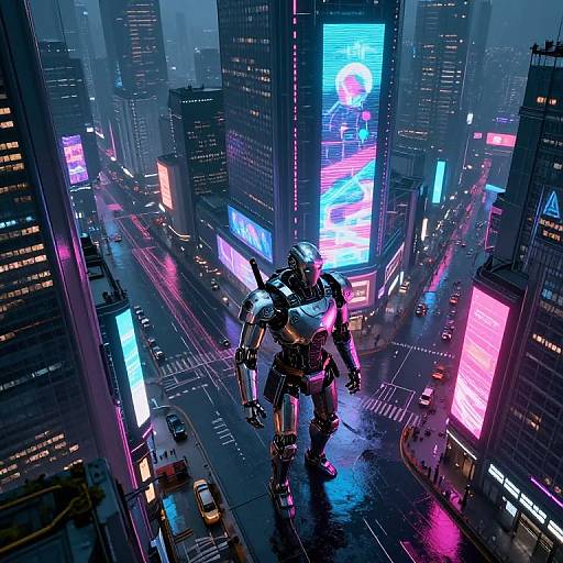 Digital artwork of a towering, armored robot walking through a neon-lit, rainy, futuristic city street, surrounded by towering skyscrapers and vibrant,