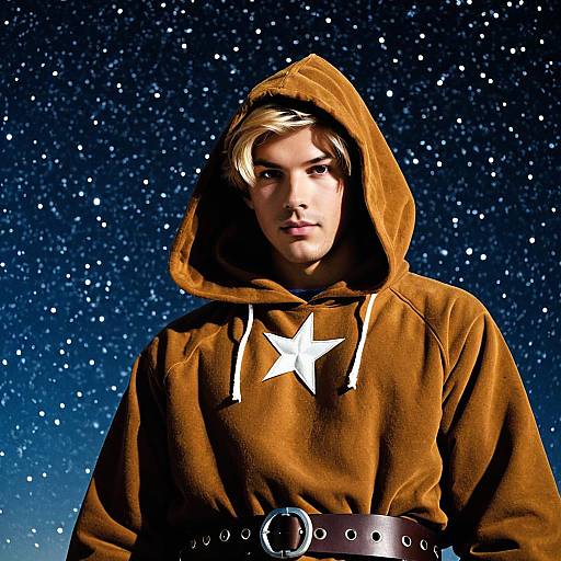 Young Man in Brown Star Hoodie Under Starry Sky