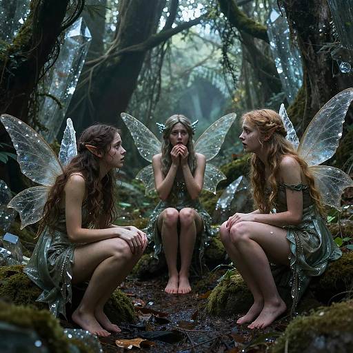 Photorealistic CGI of three fairy women with transparent wings, sitting on mossy forest floor, barefoot, in ethereal, green glowing light.
