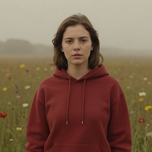 Photograph of a serious, fair-skinned woman with shoulder-length brown hair wearing a red hoodie, standing in a foggy meadow with scattered colorful
