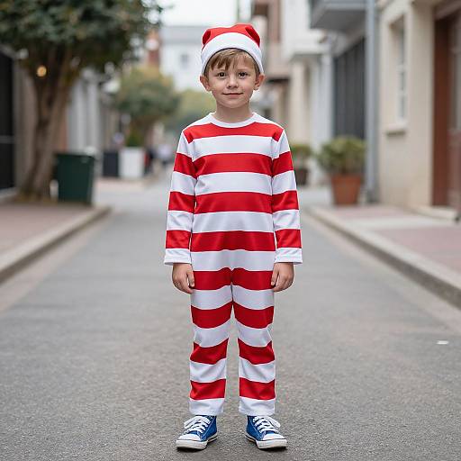 Photograph of a young boy standing on a street, wearing a red-and-white striped onesie, Santa hat, and blue sneakers.