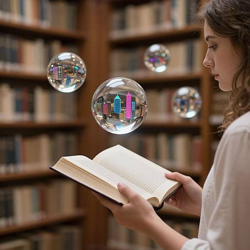 Young woman in white reading book, surrounded by floating, cityscape-reflected soap bubbles, in a wooden bookshelf-filled library. Photorealistic photograph