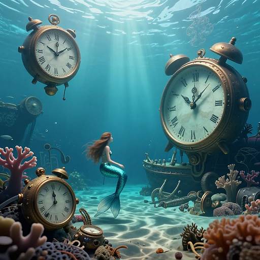 Underwater photograph of a mermaid with a shimmering blue tail, surrounded by three floating antique clocks, coral, and ocean currents.