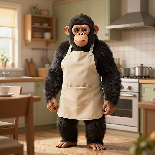 CGI image of a black-furred, humanoid gorilla wearing a beige apron standing in a sunlit, cozy kitchen with green cabinets and wooden