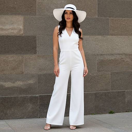 Photograph of a woman with long black hair, wearing a white wide-brimmed hat, sleeveless white jumpsuit, and open-toed heels