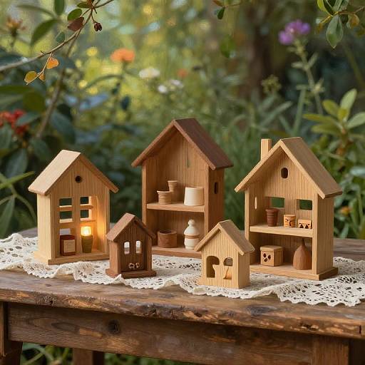 Photograph of wooden toy houses with glowing windows on lace doily, set on rustic wooden table, surrounded by lush green garden.