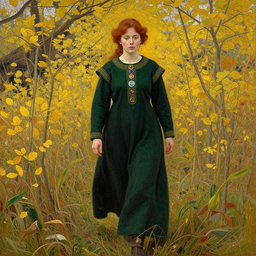 Photograph of a red-haired woman in a black dress with colorful buttons, standing in a vibrant yellow autumn field.