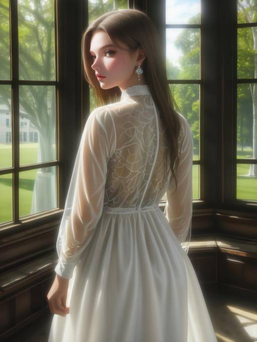 Woman in White Sheer Dress by Window