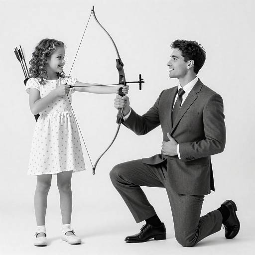 Man Kneeling to Young Girl with Bow