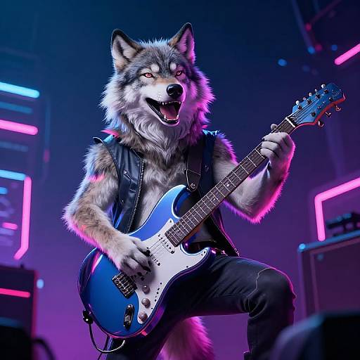 Digital art of an anthropomorphic wolf with gray fur, wearing a black leather vest, playing a blue electric guitar on stage. Neon lights illuminate the background