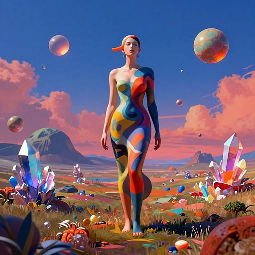 Digital artwork of a nude woman with colorful, abstract body paint standing in a vibrant, surreal landscape with floating bubbles, crystals, and mountains. Bright,