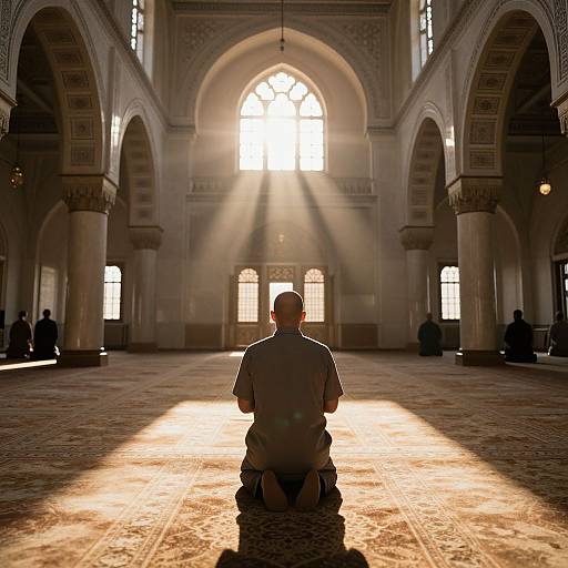 Photograph of a man kneeling in a grand, sunlit mosque, facing a large arched window with sunlight streaming through.