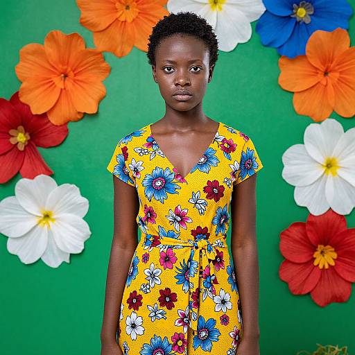 Photograph of a young Black woman with short curly hair, wearing a vibrant yellow floral dress, standing against a green background with large, colorful paper flowers