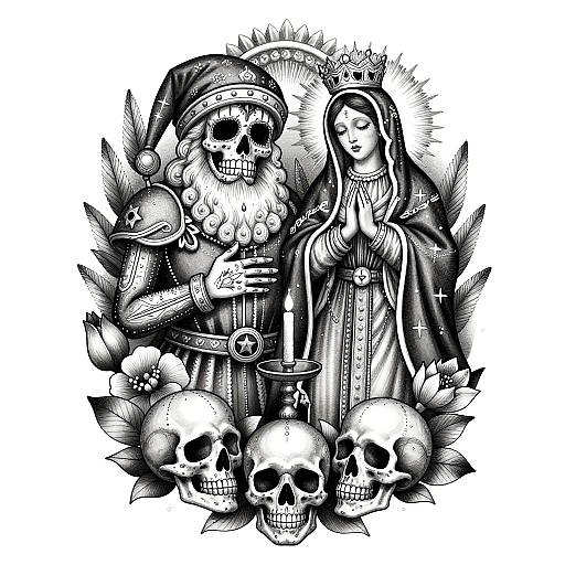 Black and white tattoo-style illustration of a skeletal king in armor holding a cup, beside a crowned queen, surrounded by skulls and leaves.