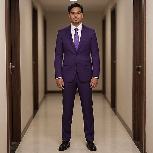 Photograph of a young South Asian man in a dark purple suit, white shirt, and purple tie, standing in a long, narrow, beige-t