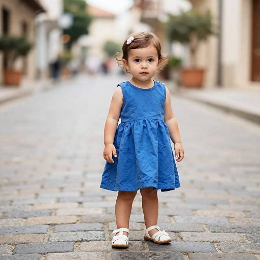Photograph of a curious toddler with curly brown hair, wearing a blue dress and white shoes, standing on a cobblestone street in a blurred,